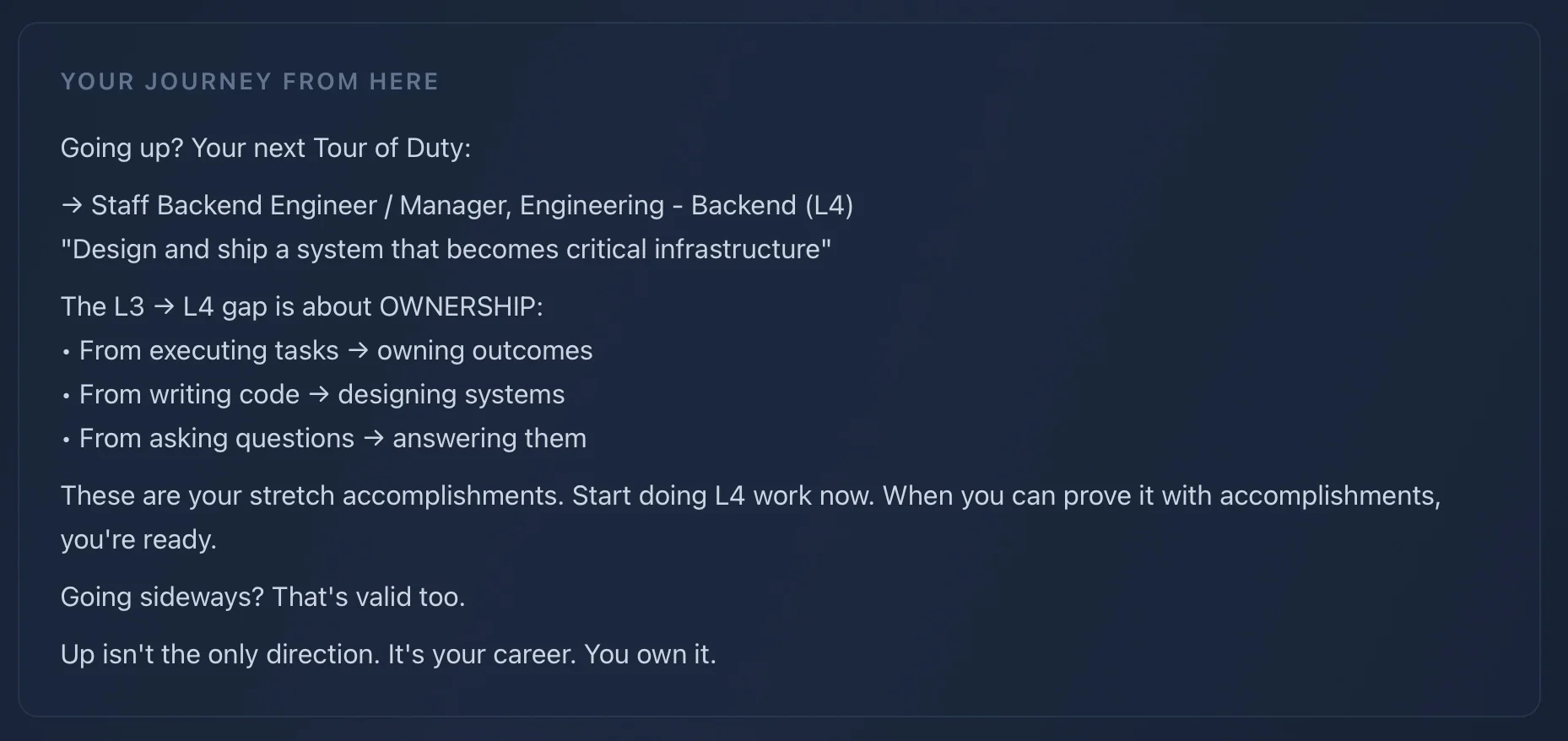 Your Journey From Here — the L3 to L4 ownership gap and stretch accomplishments